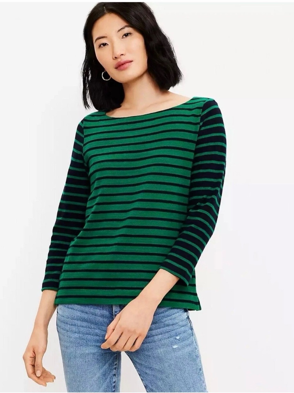 NWT LOFT Striped Harbor Tee Boat Neck Top Green Navy Blue Size S